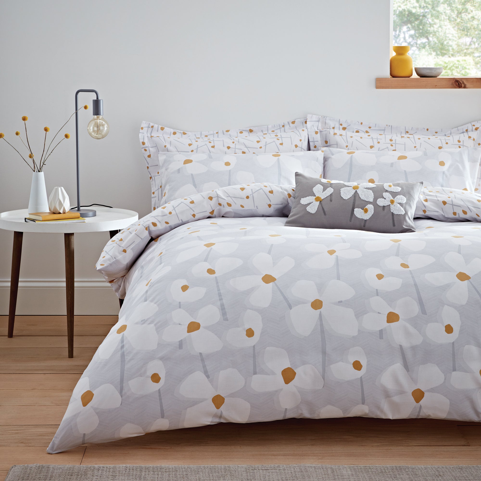 Elements Lena Reversible Grey Duvet Cover And Pillowcase Set Grey Yellow And White
