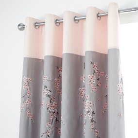 Catherine Lansfield Grey Embroidered Blossom Eyelet Curtains