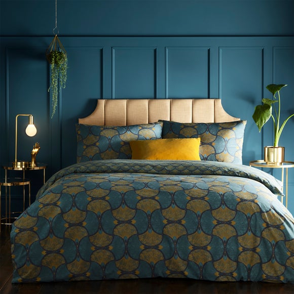 teal and ochre bedding