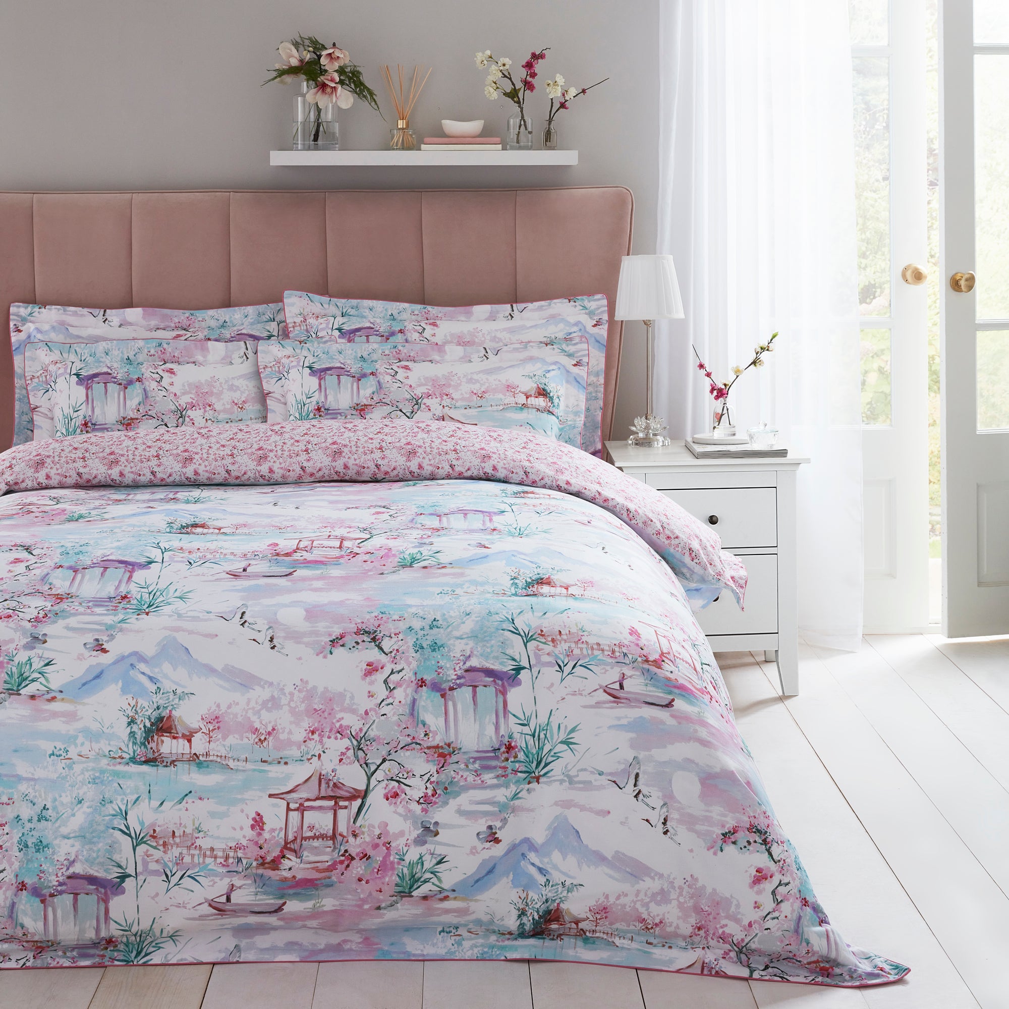 Dorma Tranquil Garden 100% Cotton Duvet Cover and Pillowcase Set Pink