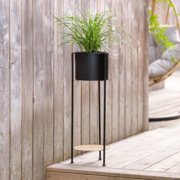 Tall Black Plant Stand with Gold Shelf | Dunelm