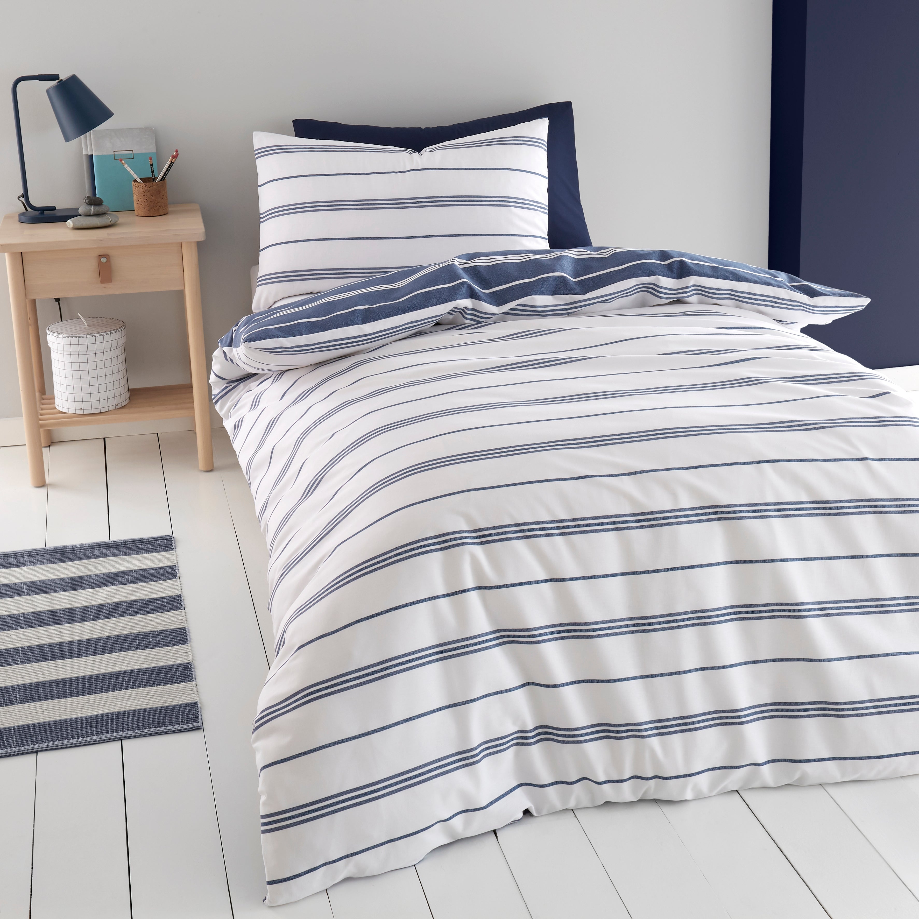 Falmouth Navy Striped Reversible Duvet Cover and Pillowcase Set