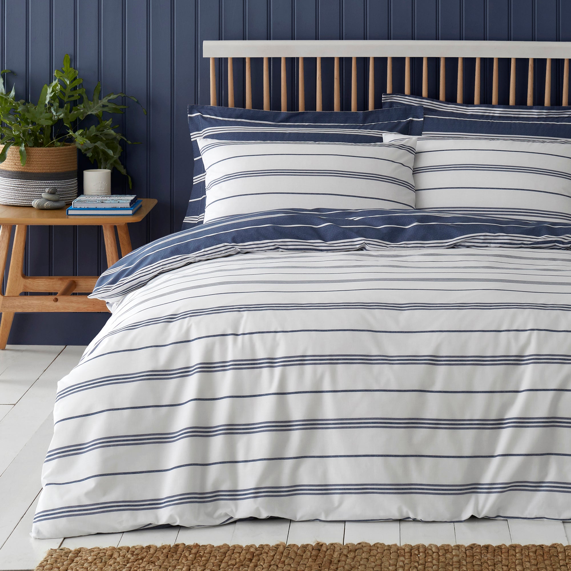 Falmouth Navy Striped Reversible Duvet Cover And Pillowcase Set Navy Blue