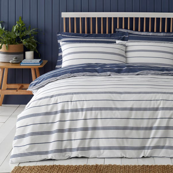 Falmouth Navy Striped Reversible Duvet Cover and Pillowcase Set image 1 of 5