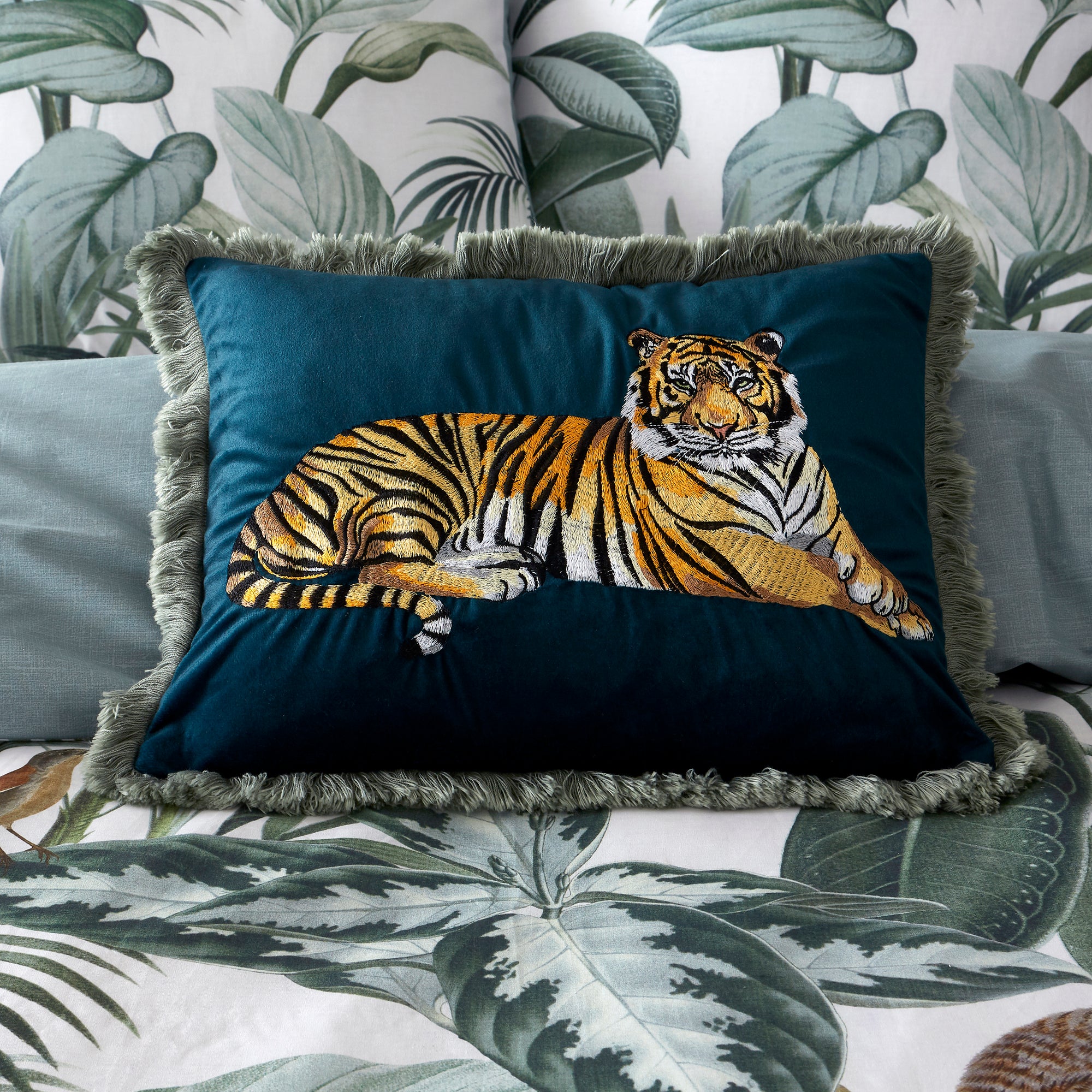 Velvet Tiger Embroidered Cushion Green Yellow And White