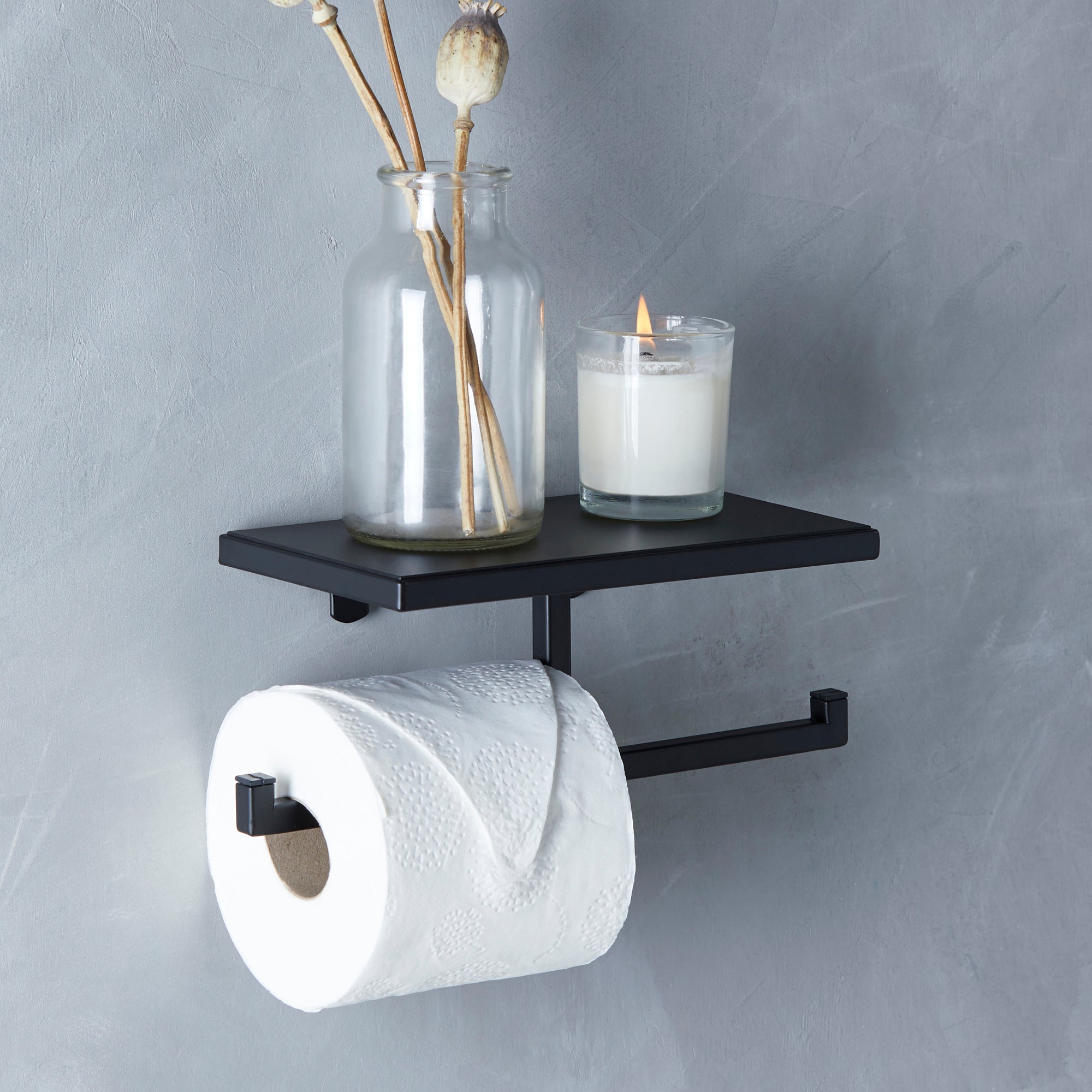 London Matt Black Toilet Roll Holder and Shelf | Dunelm