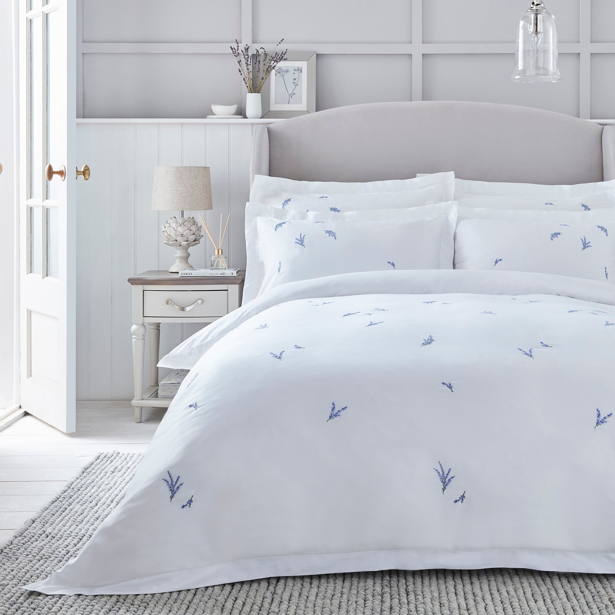 Dorma Ashmore Lavender 100% Cotton Duvet Cover and Pillowcase Set white