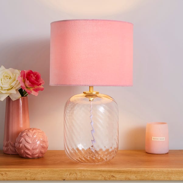 Elo Ribbed Glass Clear Table Lamp, Pink Table Lamps Dunelm