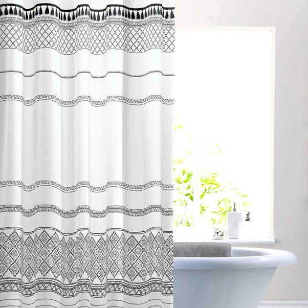 Nomadic Tassel Monochrome Shower, White Shower Curtain With Tassels