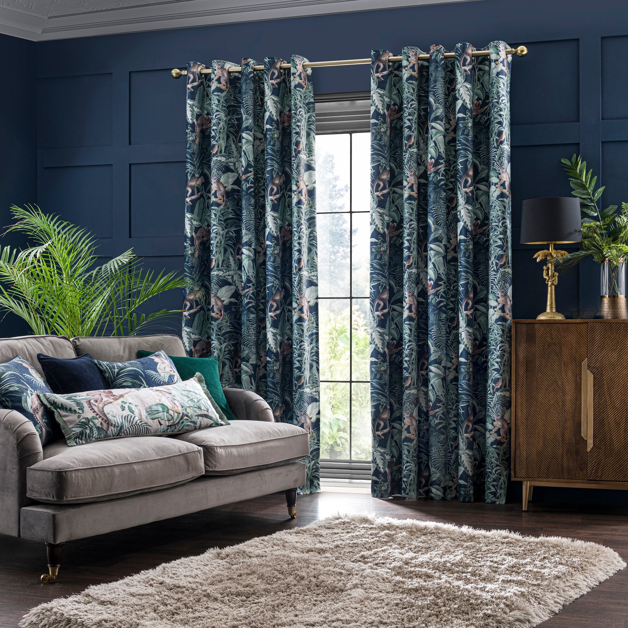 Jungle Luxe Navy Eyelet Curtains | Dunelm