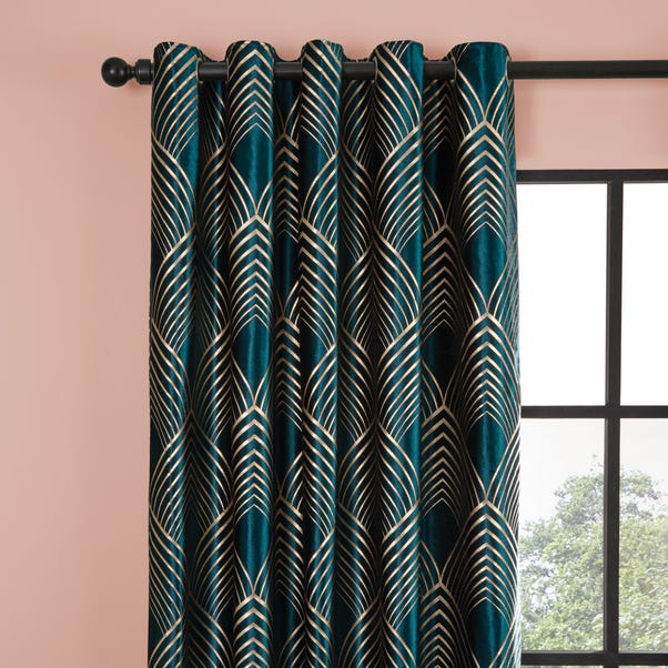 Geometric Foil Pea Eyelet Curtains, Green And Teal Curtains