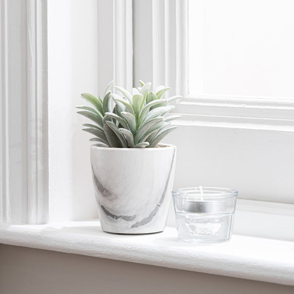 Artificial Succulent In White Marble Plant Pot