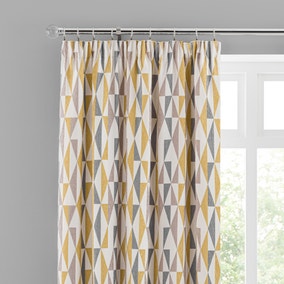 Elements Triangles Ochre Chenille Pencil Pleat Curtains