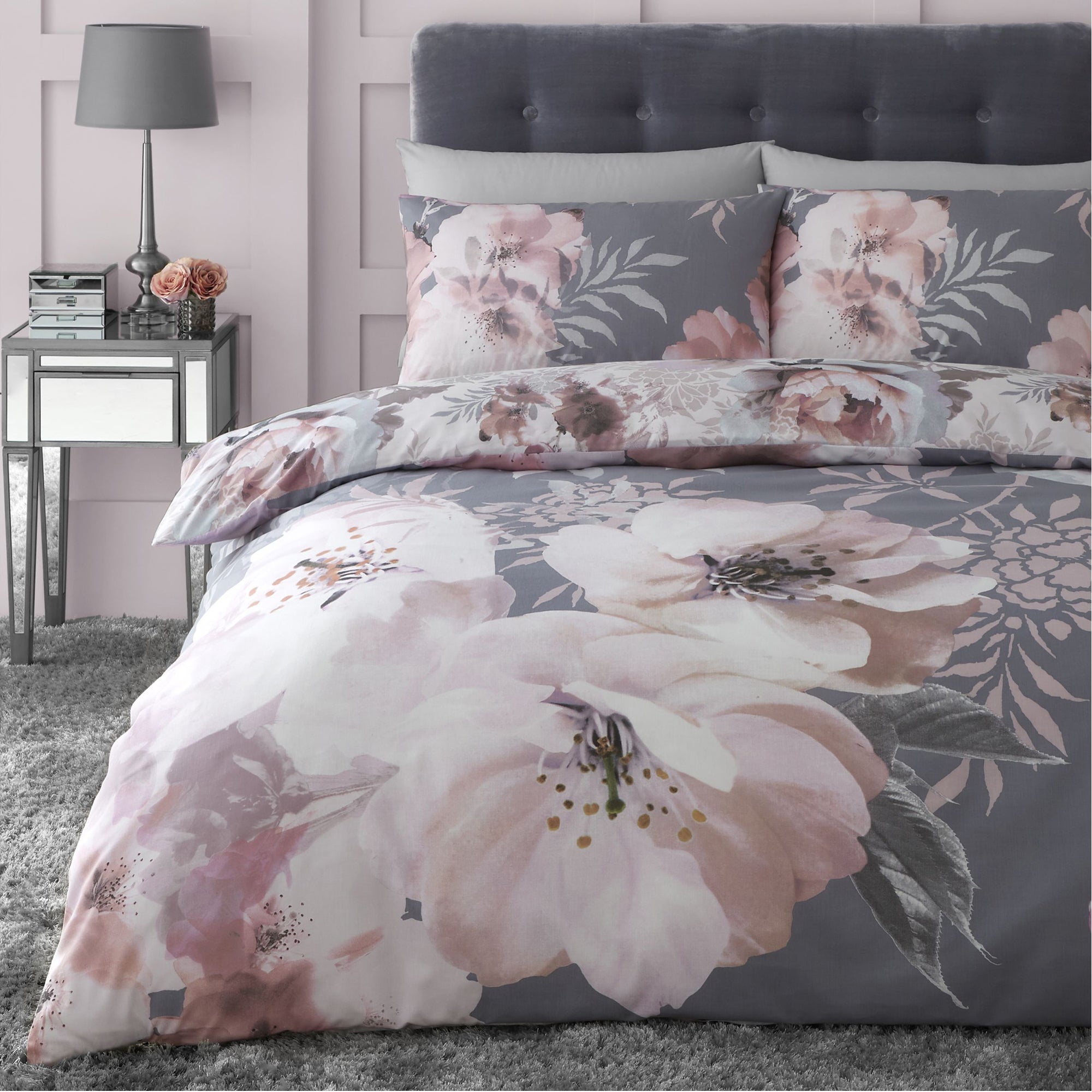 Photos - Bed Linen COVER Dramatic Floral Grey Duvet  and Pillowcase Set Grey 