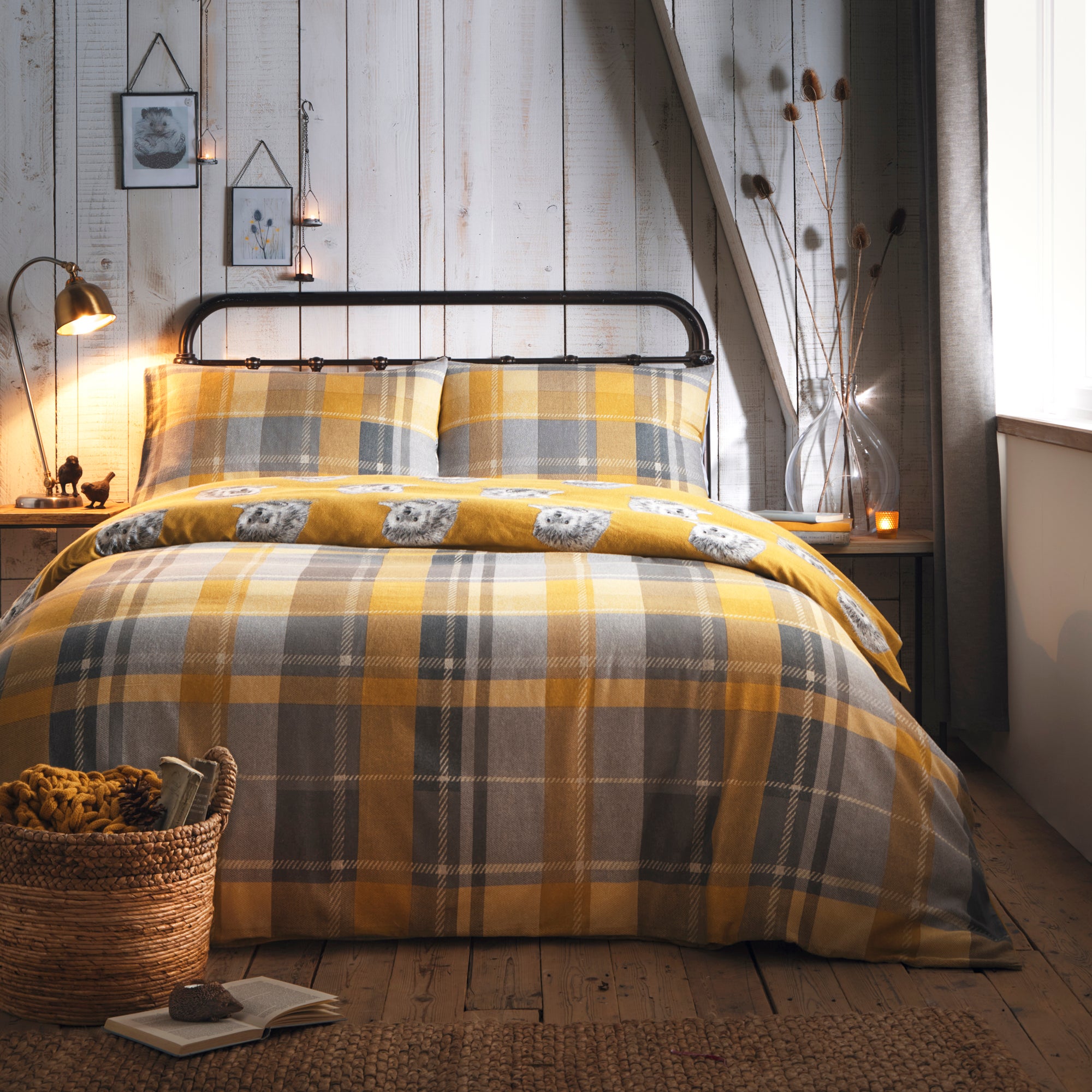 Colville Yellow Checked 100 Brushed Cotton Duvet Cover And Pillowcase Set Yellow Grey And White