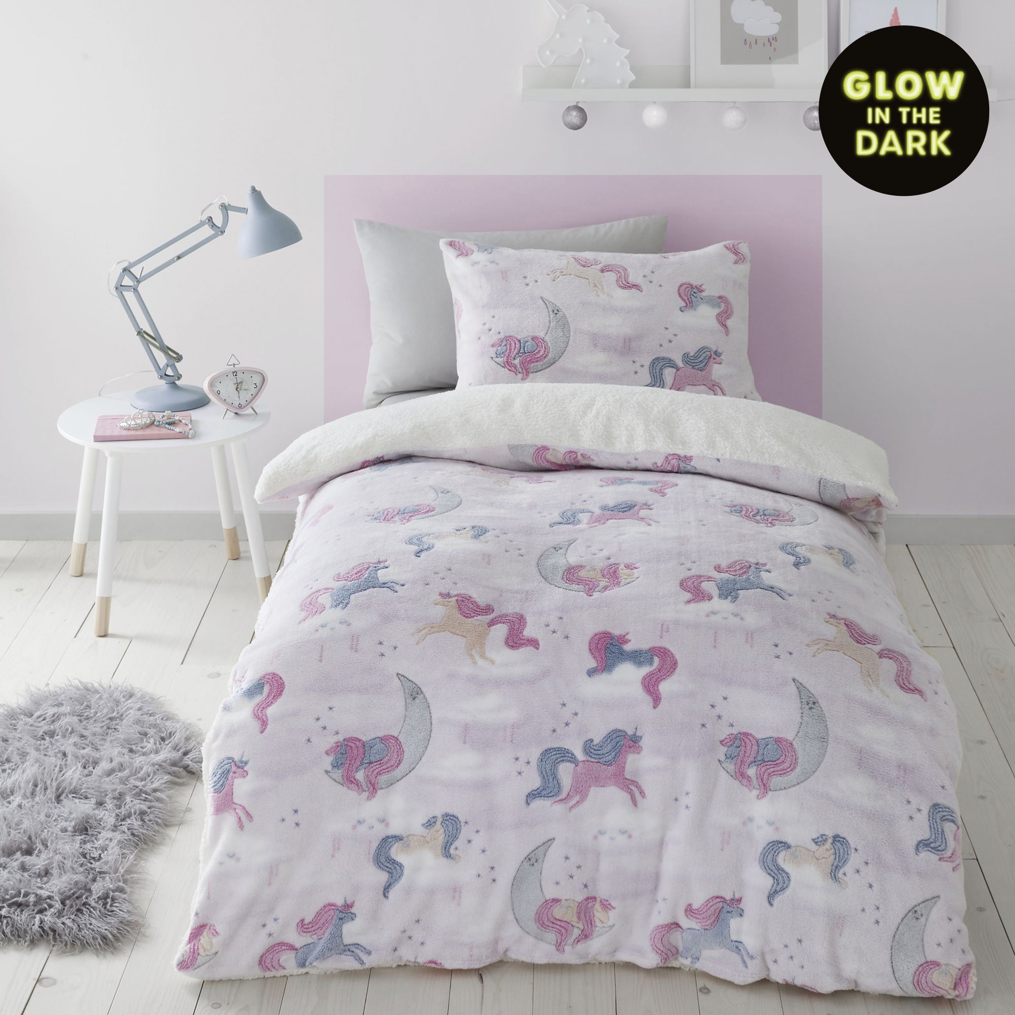 Catherine Lansfield Unicorn Dreams Glow In The Dark Duvet Cover And Pillowcase Set Pink Blue And Yellow