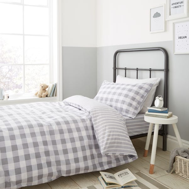 Bianca Check And Stripe 100% Cotton Grey Duvet Cover and Pillowcase Set image 1 of 6