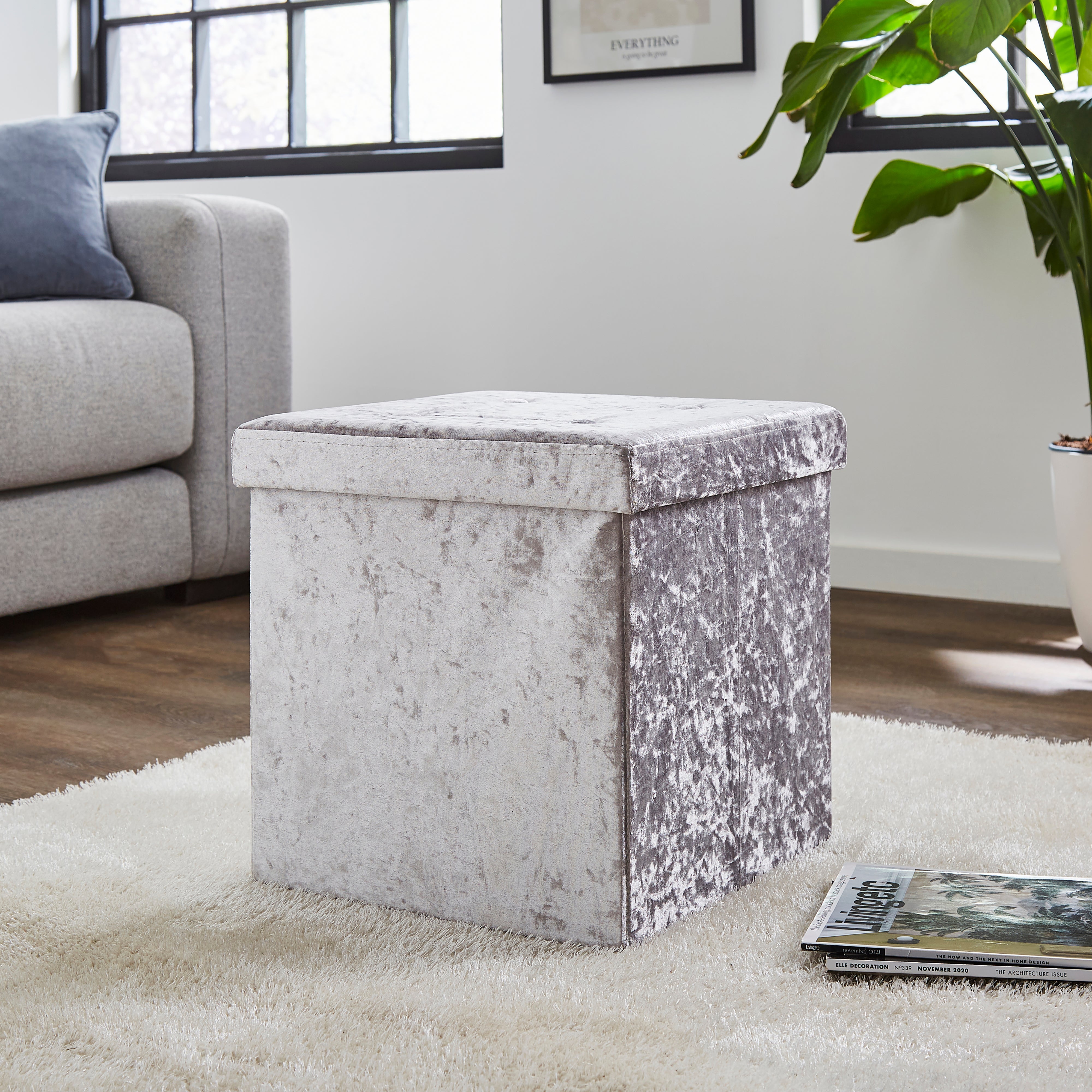Crushed Velvet Cube Ottoman Silver Silver