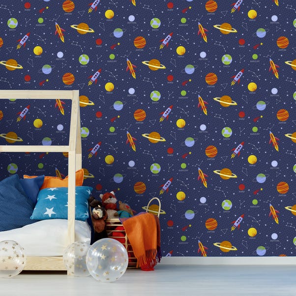 Space and Planets Navy Wallpaper Navy
