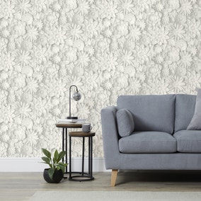 3D Floral White Wallpaper | Dunelm