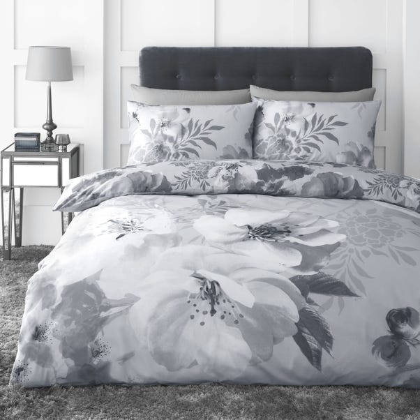 Catherine Lansfield Dramatic Floral Silver Reversible Duvet Cover and Pillowcase Set image 1 of 5