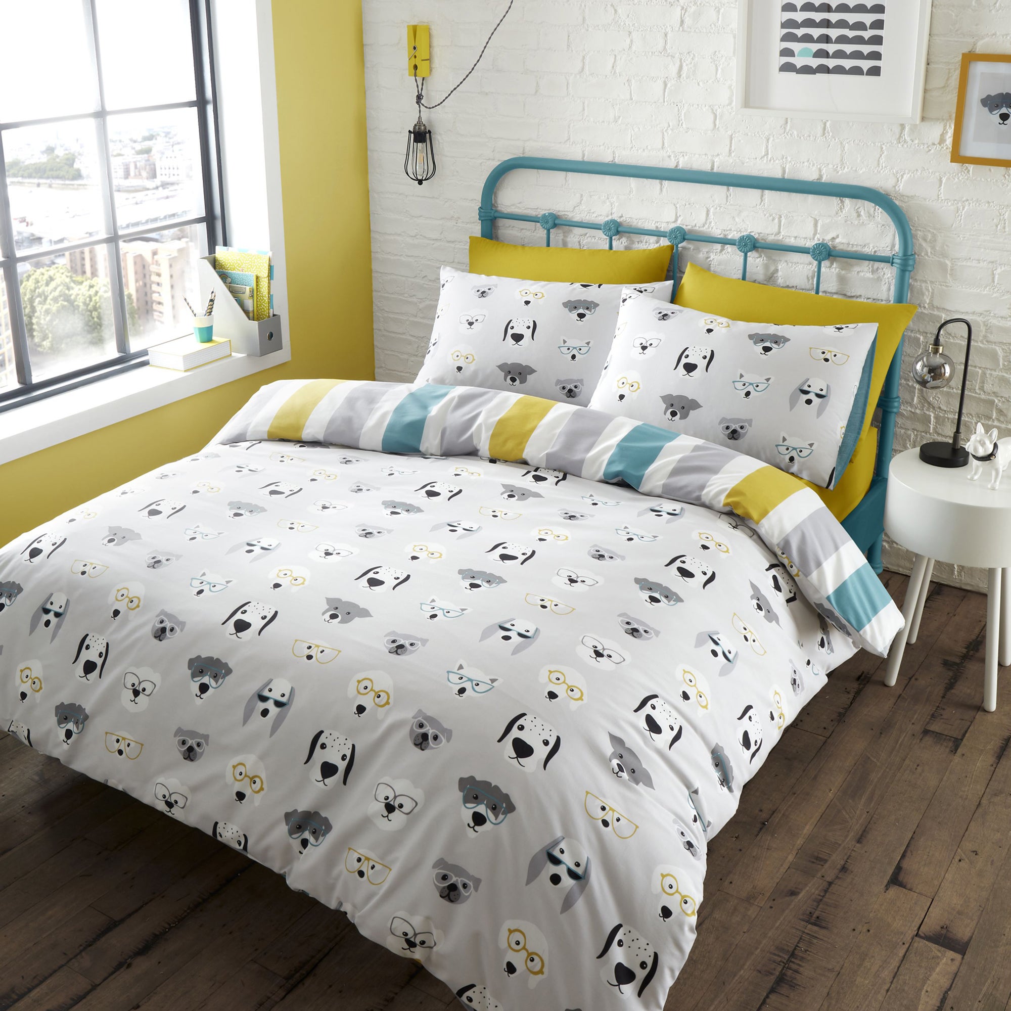 Catherine Lansfield Cool Dogs Grey Reversible Duvet Cover And Pillowcase Set Whiteblackyellow