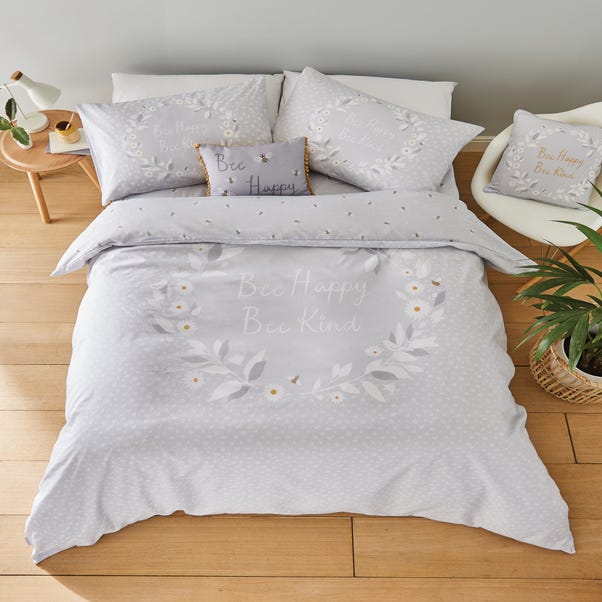 Catherine Lansfield Grey Bee Happy Duvet Cover and Pillowcase Set image 1 of 5
