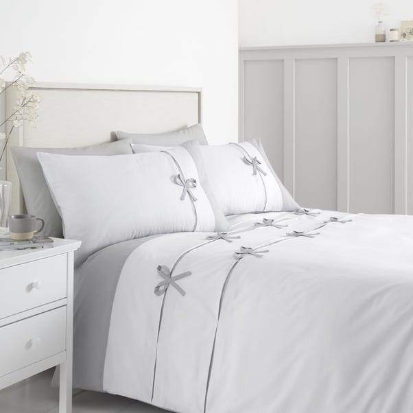 Catherine Lansfield Milo Bow White and Grey Duvet Cover and Pillowcase Set image 1 of 4