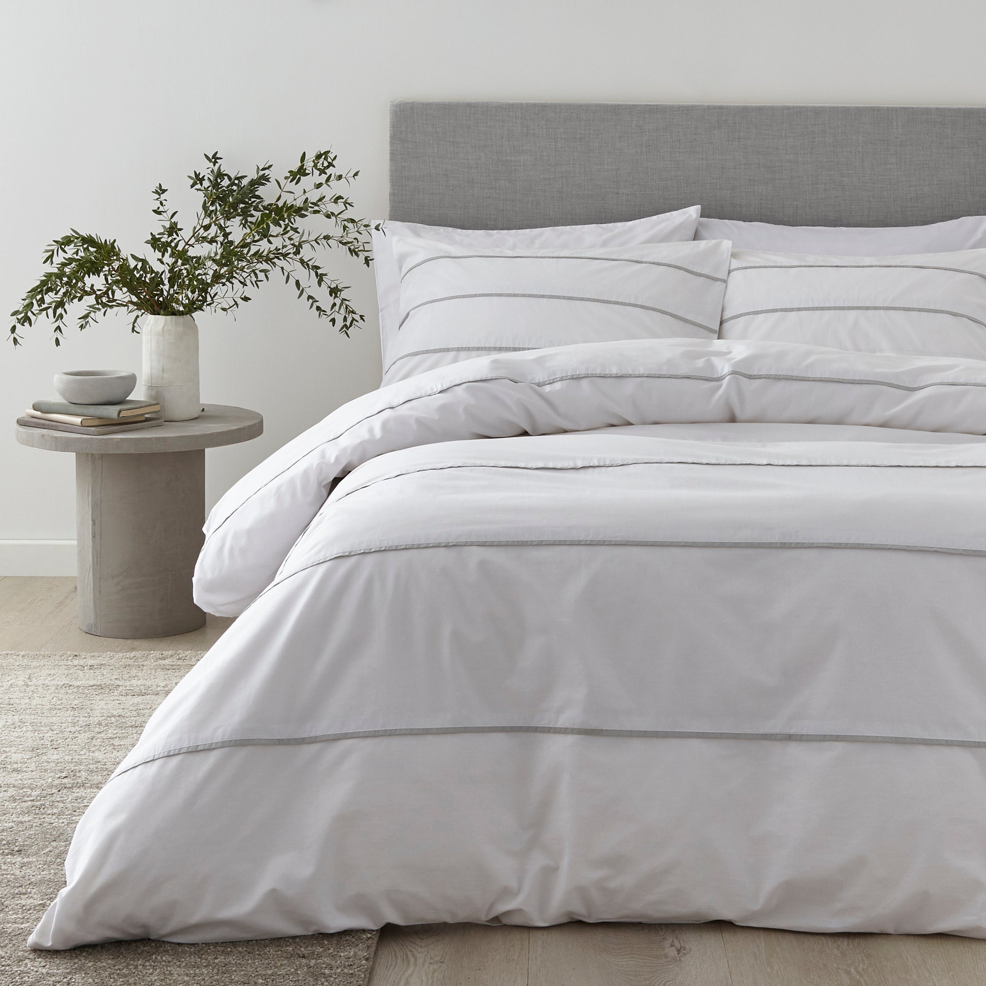 Content By Terence Conran Halstead Pleats White and Grey Striped 100 Cotton Duvet Cover and Pillowcase Set Grey