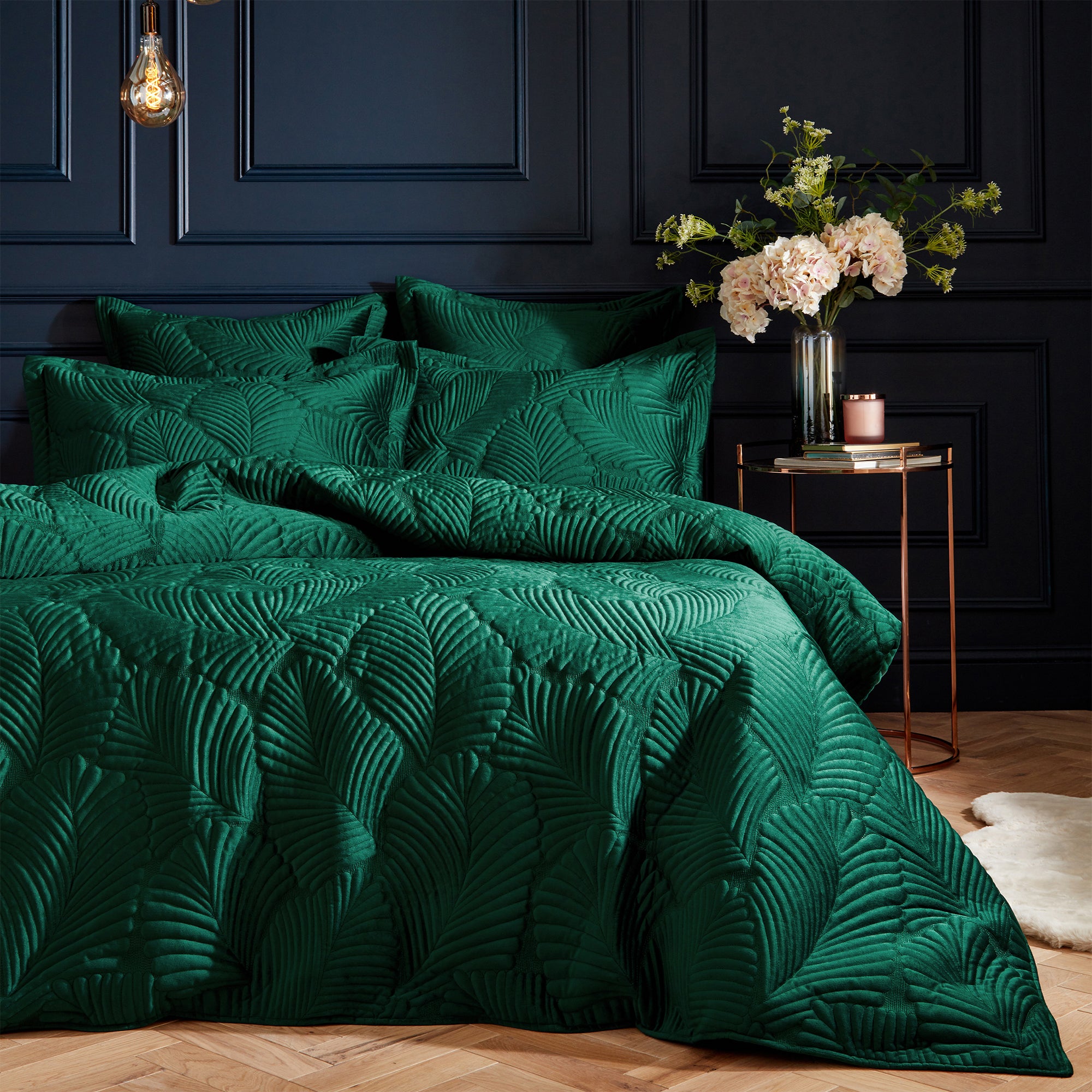 Paoletti Palmeria Emerald Velvet Duvet Cover and Pillowcase Set Green