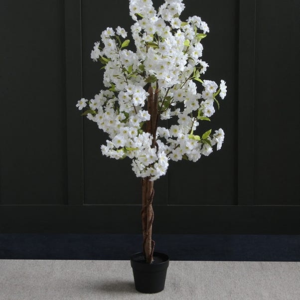 Artificial White Blossom Tree in Black Plant Pot image 1 of 3