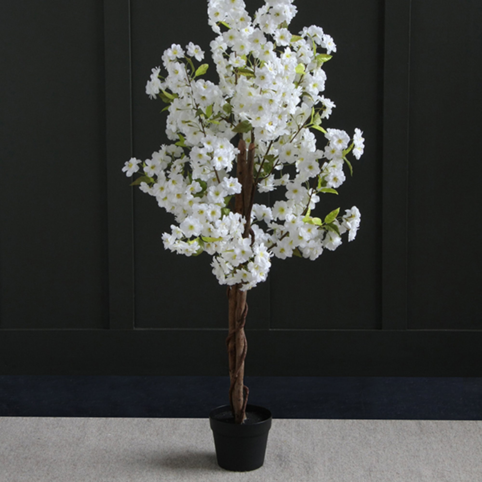 Artificial White Blossom Tree in Black Plant Pot