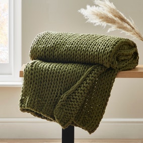 Chunky Hand-Knitted Olive Knit Throw 