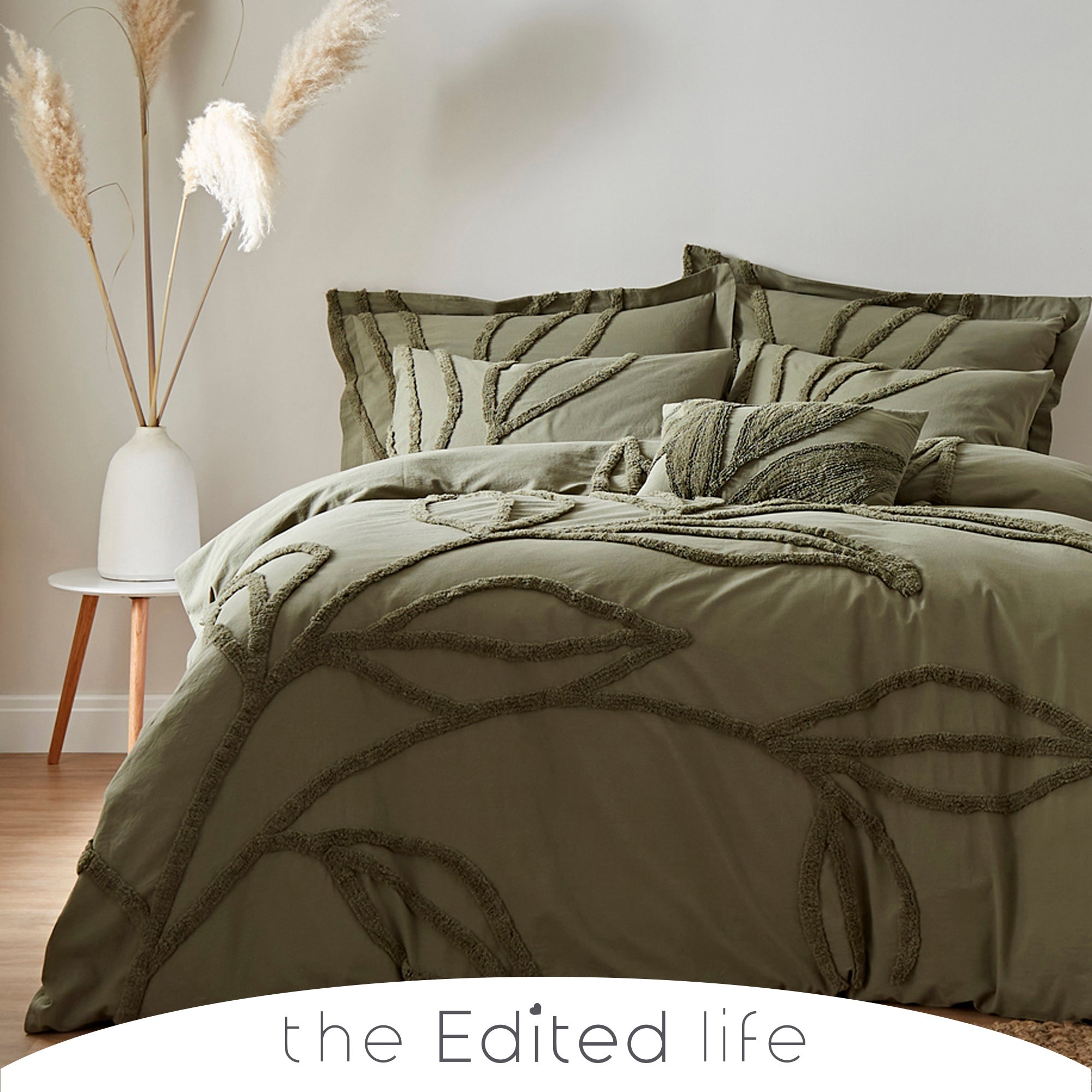 Tufted Leaf Olive 100% Organic Cotton Duvet Cover and Pillowcase Set Green