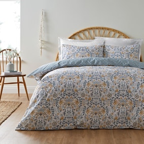 Dorothy Floral Ochre 100% Cotton Reversible Duvet Cover and Pillowcase Set