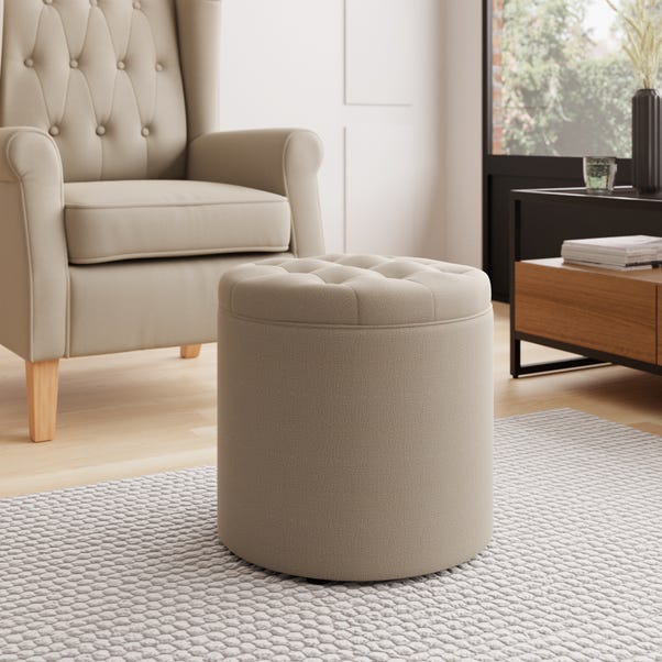 Oswald Faux Wool Round Storage Footstool Natural
