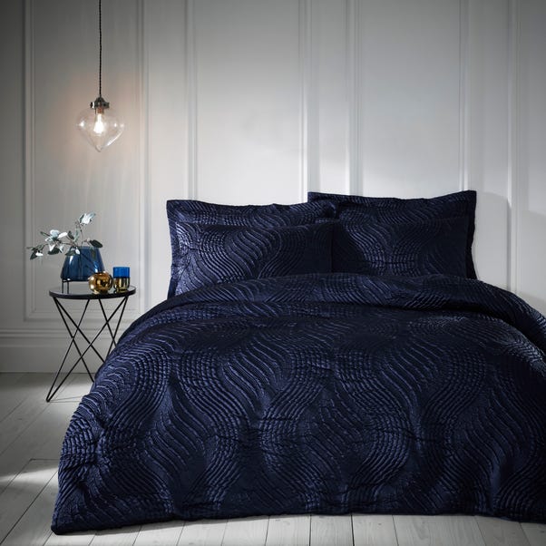 Romilly Wave Luxe Pinsonic Navy Duvet Cover and Pillowcase Set image 1 of 3