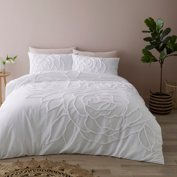 Dunelm Floral Cotton White 200x200cm Talia Tufted Duvet Cover and Pillowcase Set
