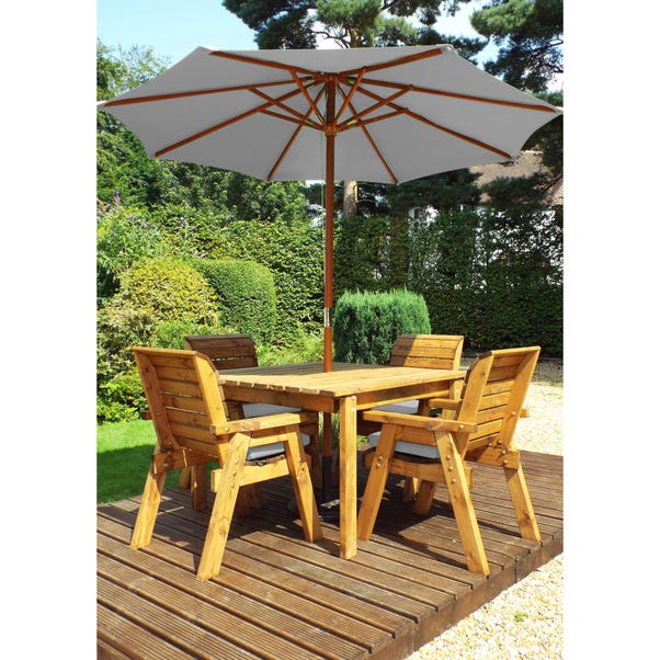 Charles Taylor 4 Seater Square Dining Set with Grey Seat Pads and Parasol Wood (Brown)