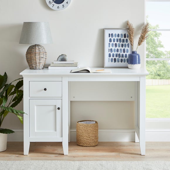 Compact white desk on sale with drawers