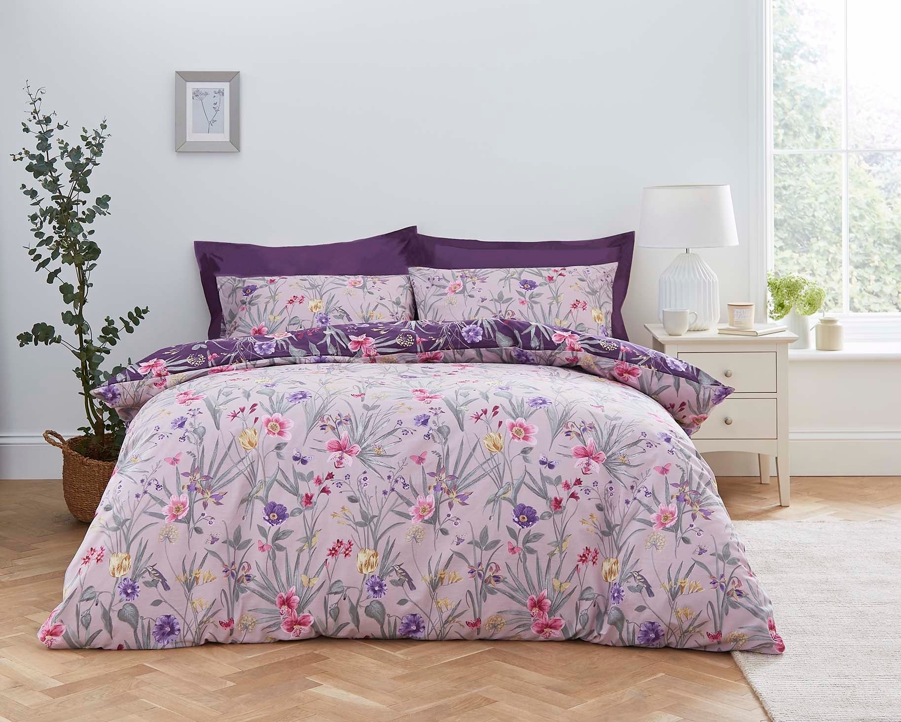 Fleur Floral Purple 100 Cotton Reversible Duvet Cover And Pillowcase Set Purplepinkyellow