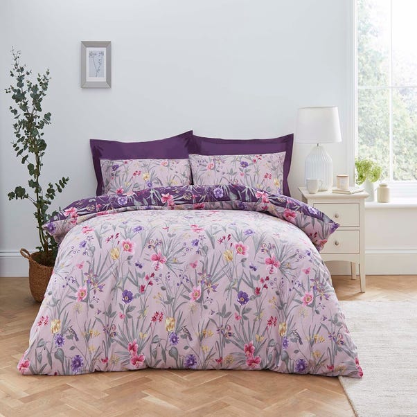 Fleur Floral Purple 100% Cotton Reversible Duvet Cover and Pillowcase Set image 1 of 3