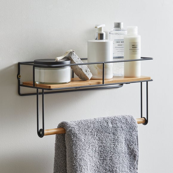 Bathroom shelf with clearance towel rack