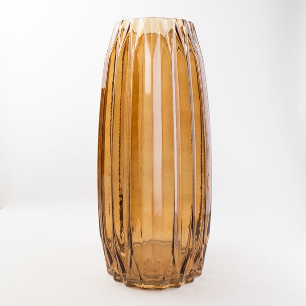 Ridged Glass Vase Amber 40cm Orange