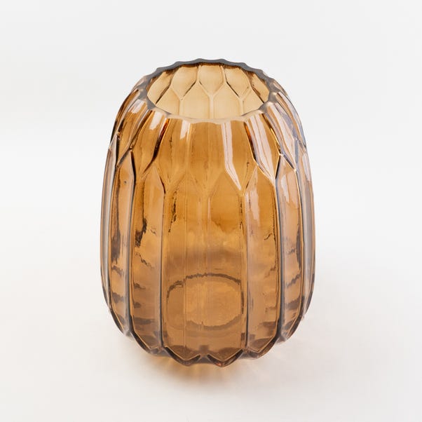 Ridged Glass Amber Vase 20cm Orange