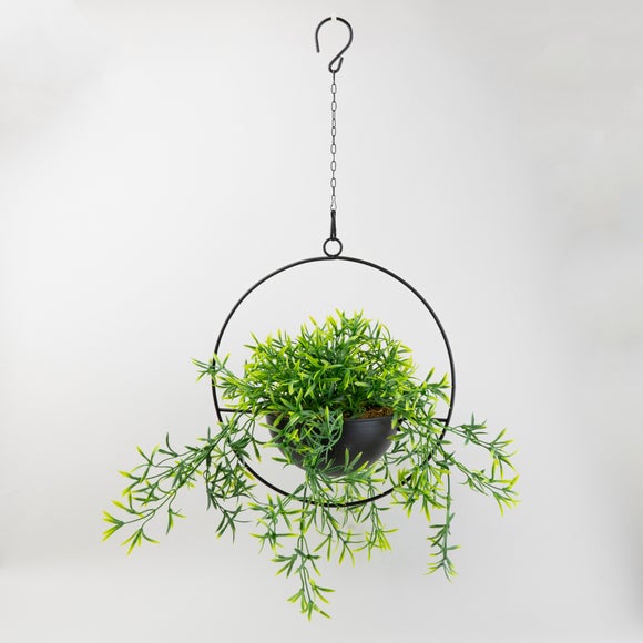 Artificial Trailing Plant In Black Industrial Round Hanging Plant Pot