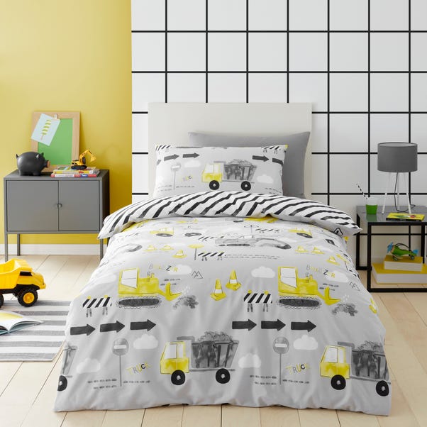 Construction Grey 100% Cotton Reversible Duvet Cover and Pillowcase Set image 1 of 6