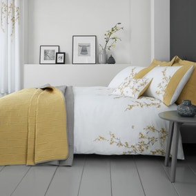 Catherine Lansfield Embroidered Blossom Ochre Duvet Cover and Pillowcase Set