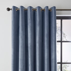 Recycled Velour Folkstone Blue Eyelet Curtains