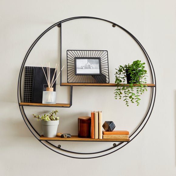 Round wood and metal outlet shelf